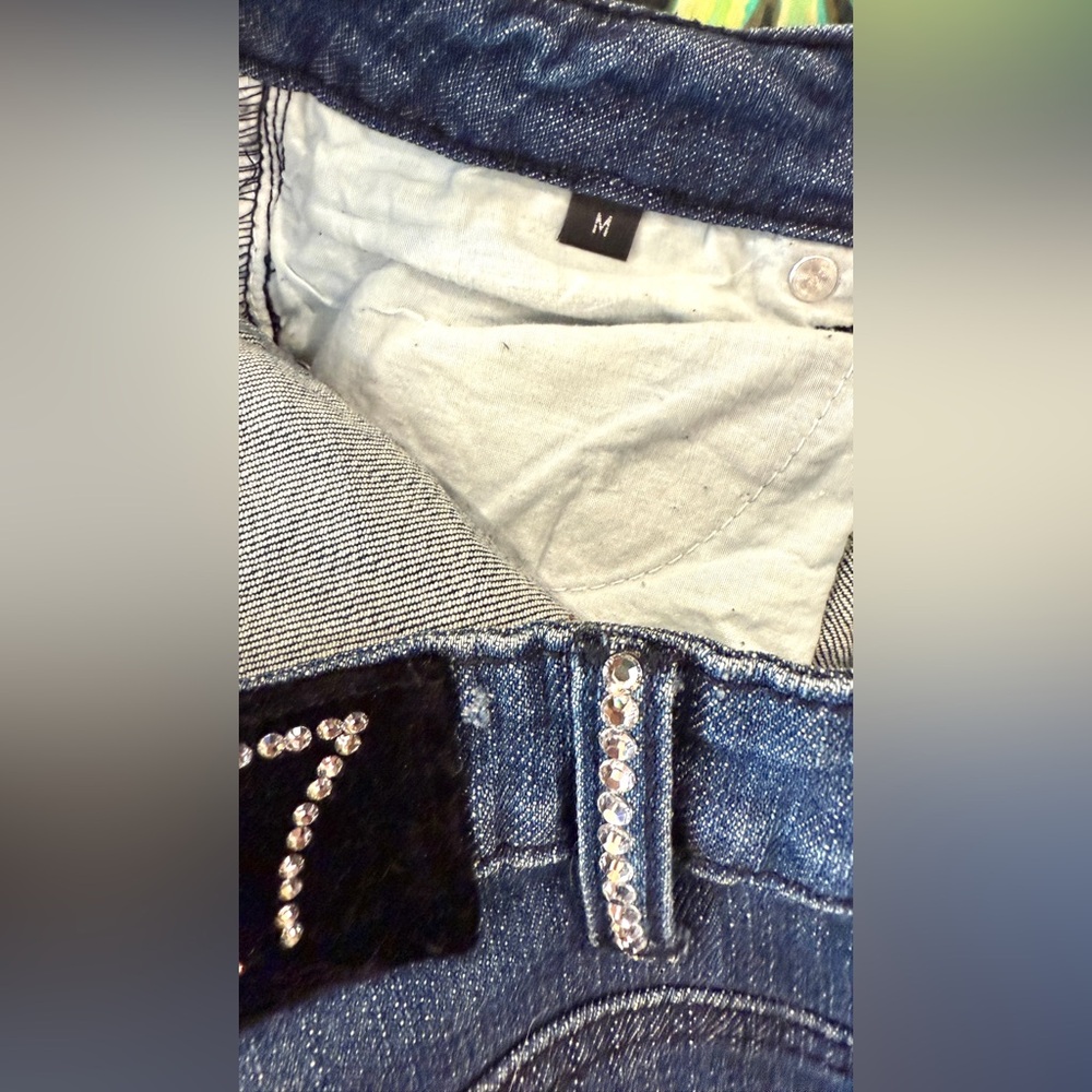 A7 Rhinestone Bling Denim Mini Skirt M Destroyed Ripped 7 For All Mankind - Picture 12 of 14